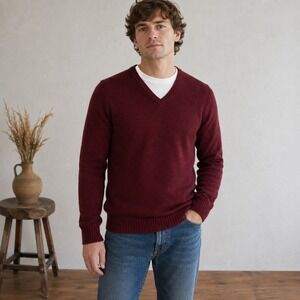 Mens Vintage Lambswool V-Neck Sweater Size M Burgundy Preppy Academia Heritage